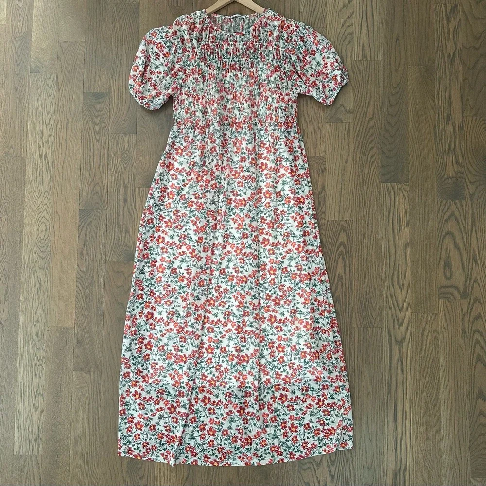 Zara Floral Print Tulle Mesh Sheer Ruffle Maxi Dress in White, Red, Green Small